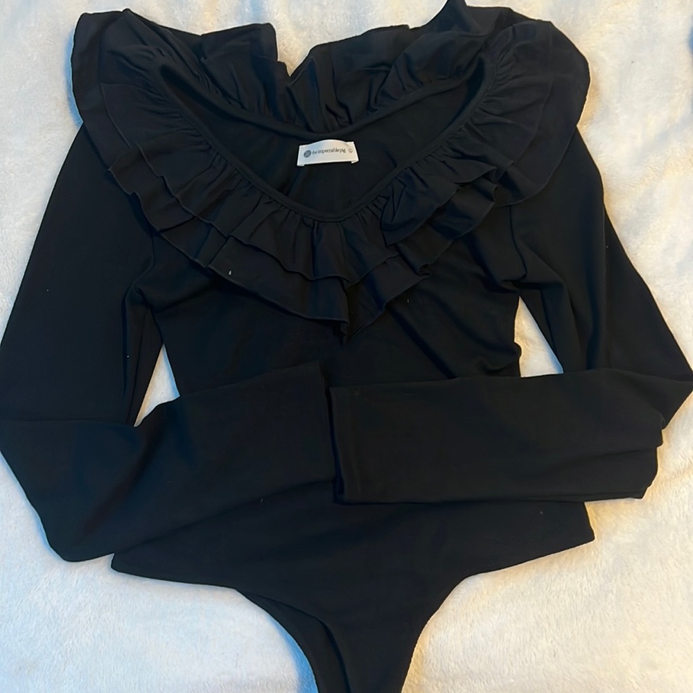 the impeccable pig womens large black bodysuit with ruffles on neckline